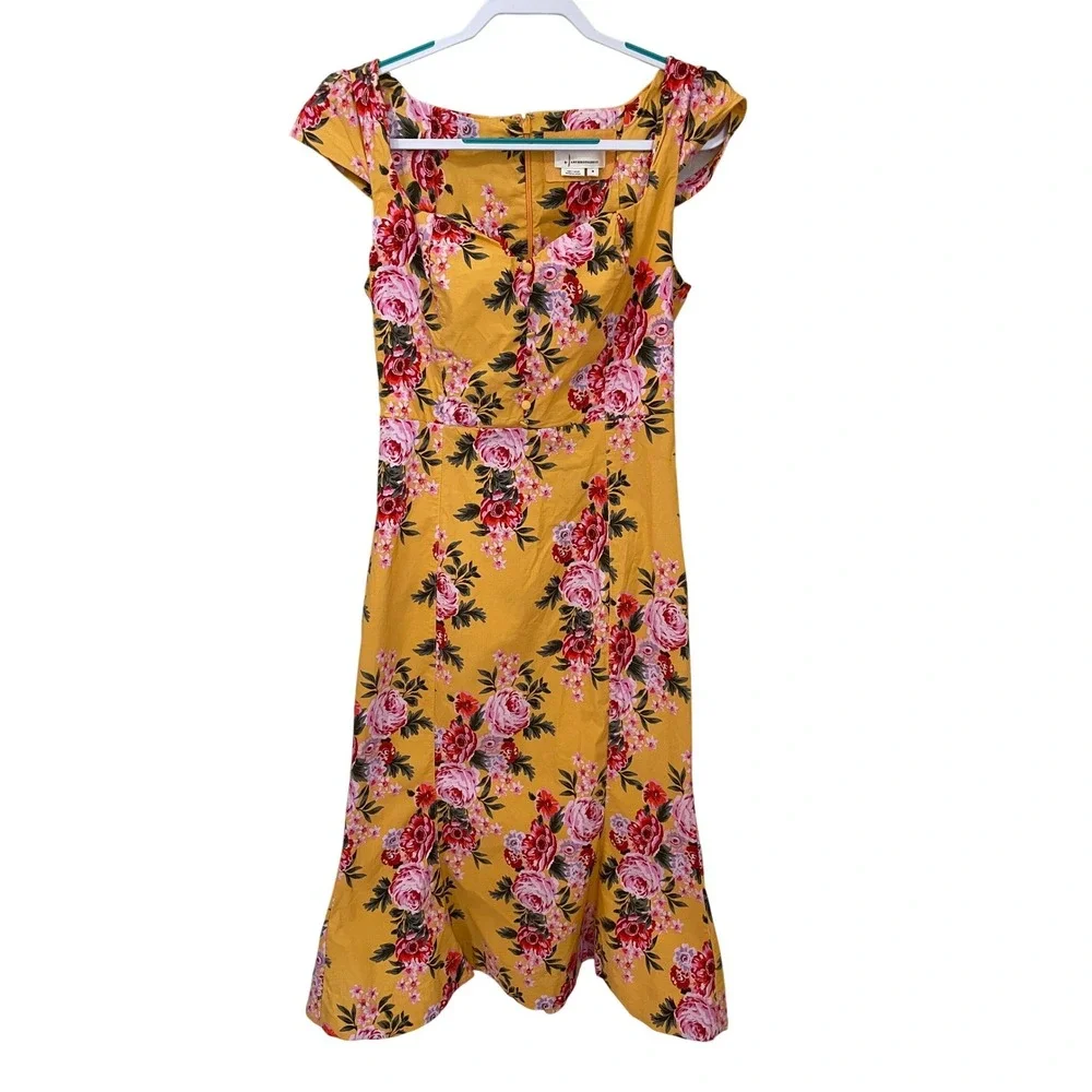 Anthropologie Size M Cecily Flora Midi Dress Garden‎ Party Cottagecore Yellow